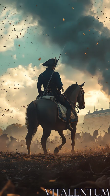 Mounted officer surveys battlefield under stormy sky.