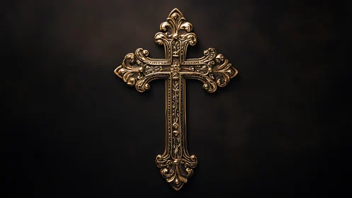 Baroque golden cross against deep shadowed backdrop.
