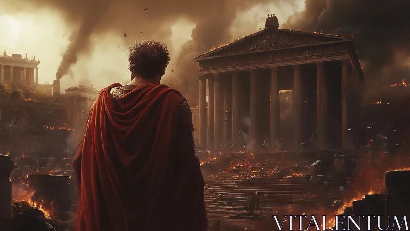 Cloaked conqueror watching a burning imperial colonnade.