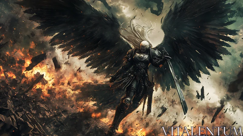 Dark winged angel strides through firelit battlefield ruins