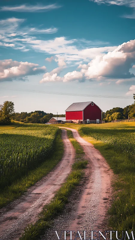 Red barn stands at end of winding gravel farm road