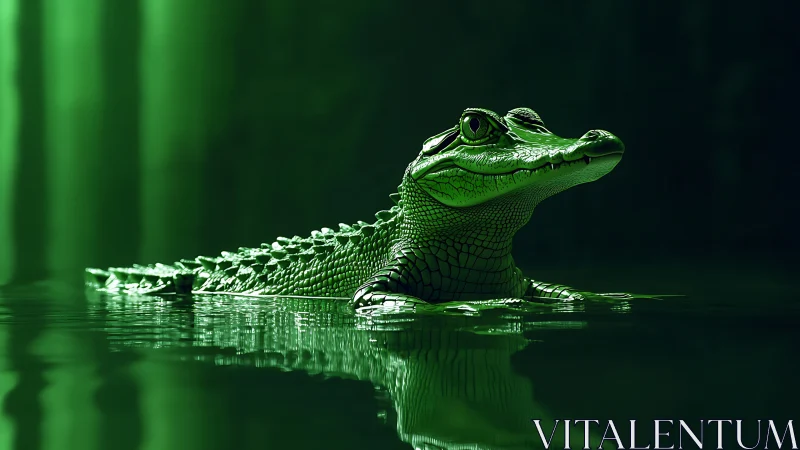 Emerald alligator surfaces in luminous green jungle water.