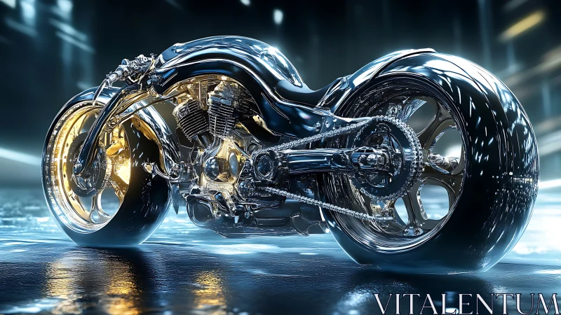 Futuristic chrome motorcycle on wet reflective roadway.
