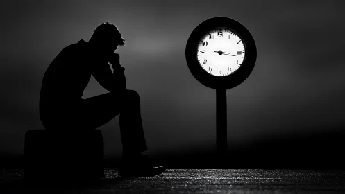 Quiet silhouette sits in reflection beside a glowing clock face