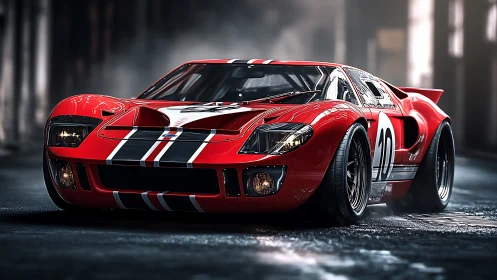 Low-angle render of red racing prototype in wet urban alley.