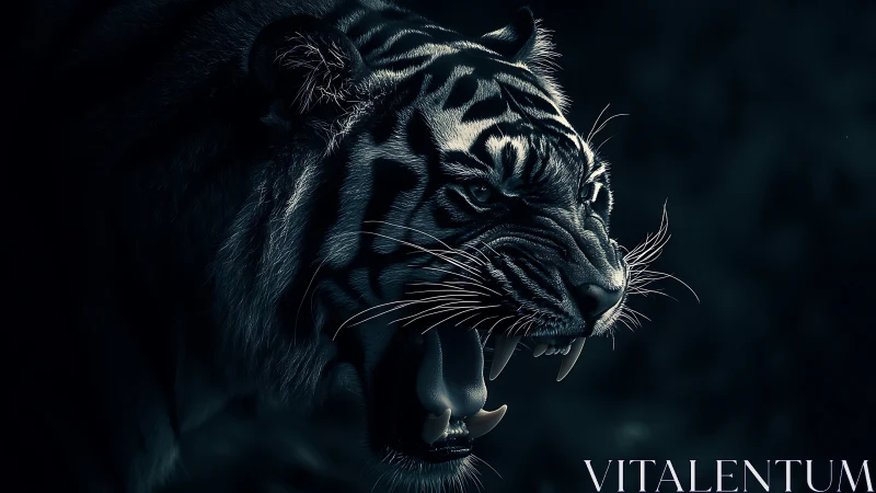 Roaring tiger in dark shadow with sharp glowing highlights.