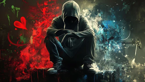 Hooded dreamer crouches between wildfire reds and icy blues