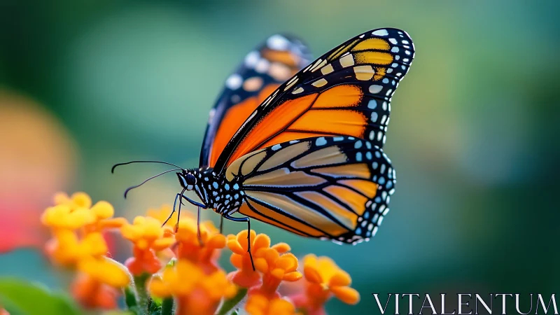 Monarch butterfly rests on vivid orange blossoms in macro focus.