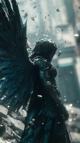 Winged armored figure in ruined urban environment. Period.