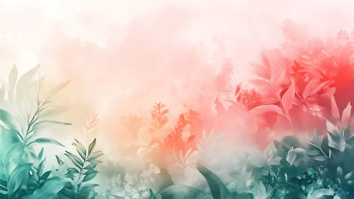 Pastel jungle drifts softly between coral mist and teal glow