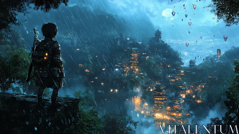 Young adventurer gazes over neon-lit mountain city in rain