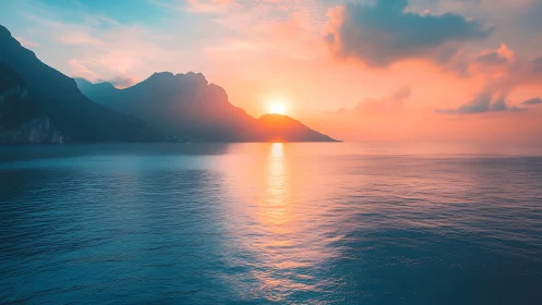 Sunlit coastal mountains glowing over calm pastel waters.