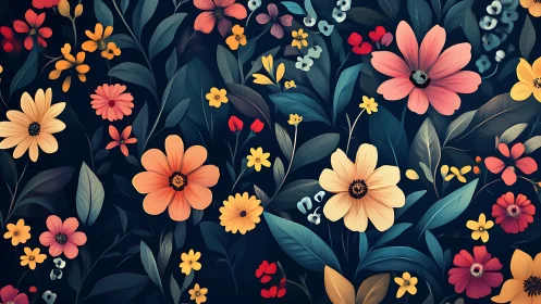 Vibrant Floral Garden Against Dark Navy Background.