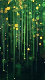 Vertical green light strands descend through golden bokeh haze