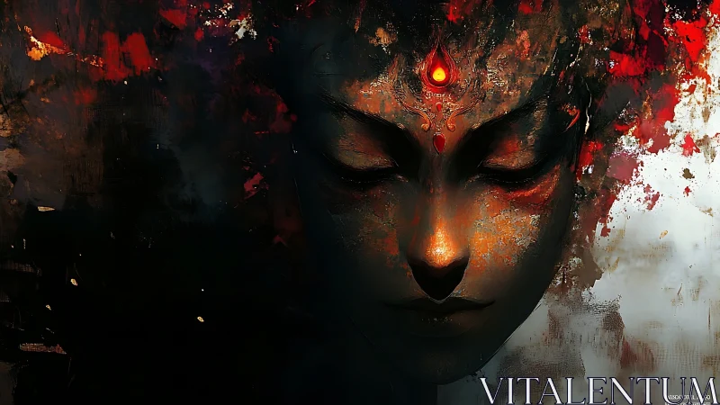 Mystic ember-faced deity rendered in abstract digital chiaroscuro