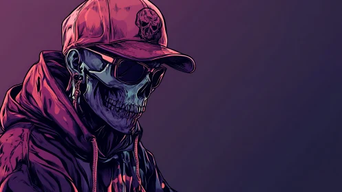 Hooded skeleton figure in cap and sunglasses on gradient backdrop.