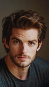 Brooding hazel-eyed portrait under soft ember light glow.