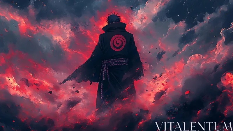 Stormlit wanderer strides through swirling embers and dusk