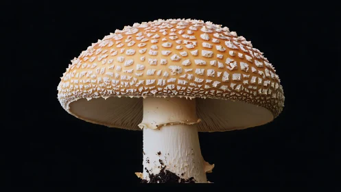 Close-up side view of a spotted mushroom on black background.