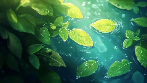 Green leaves float on illuminated turquoise water surface