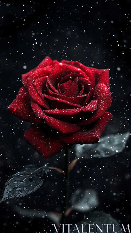 Red Rose with Snow and Sparkles Against Dark Background