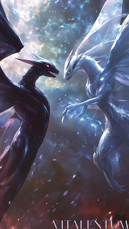 Celestial twin dragons clash within swirling astral storm.