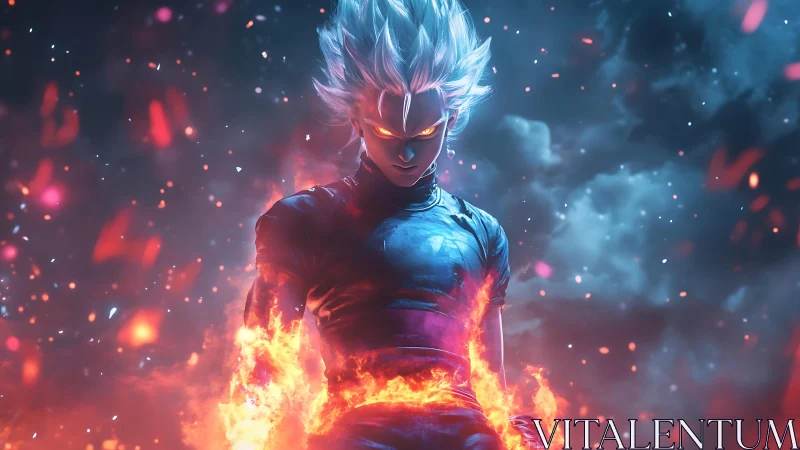 High-energy anime warrior rendered with volumetric fire effects