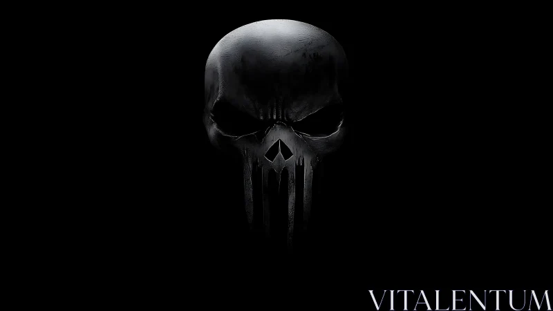 Metallic skull emblem emerges from deep black background