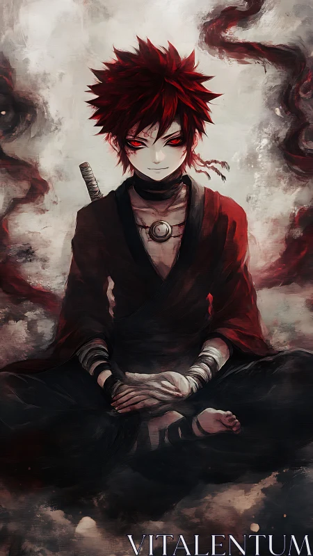 Red-eyed meditative warrior in swirling monochrome mist