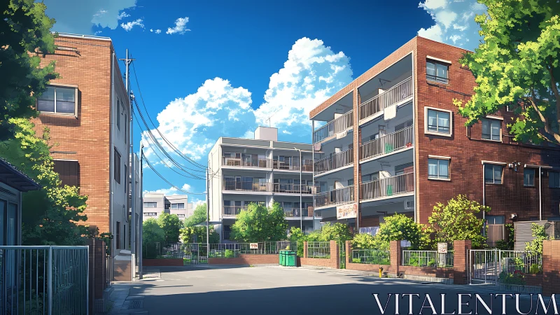 Sunny residential apartment block in quiet urban street.