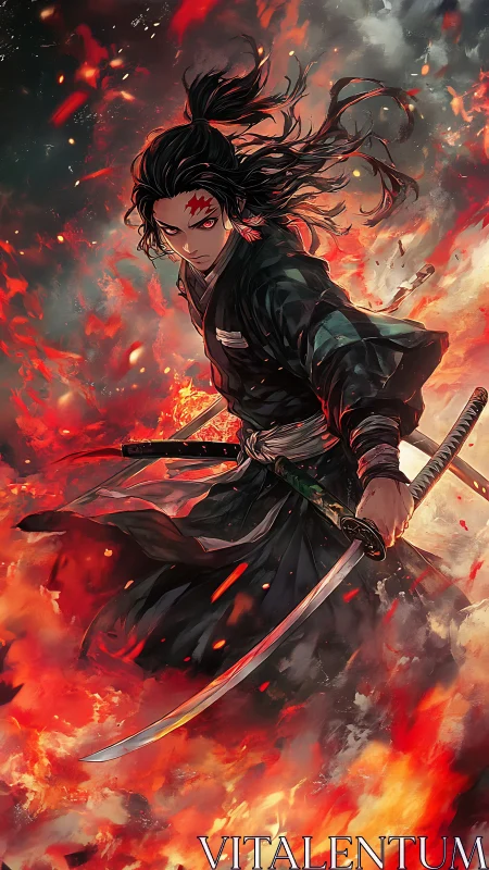 Sword-wielding anime warrior amid blazing inferno storm.