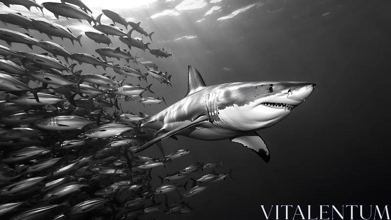 Monochrome great white shark slicing through dense baitball