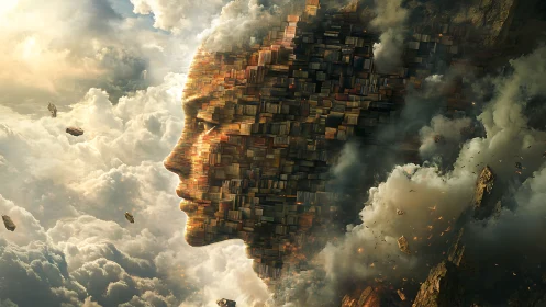 Colossal city-face emerges through storm-wreathed clouds