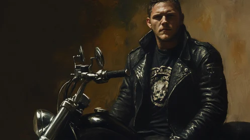 Brooding biker in black leather jacket exudes moody power.