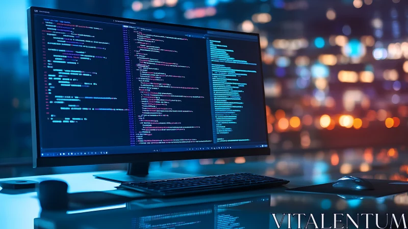 Softly lit coding workspace glows with colorful night energy