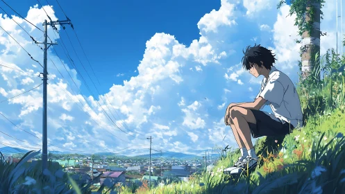 Solitary boy overlooks sunlit town under towering clouds.