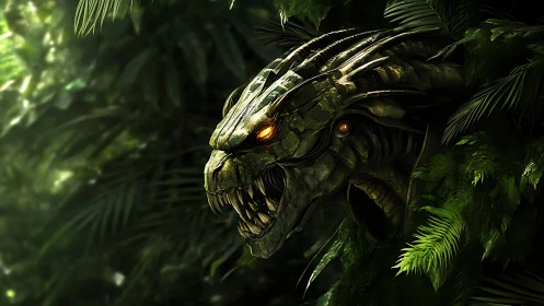 Biomechanical jungle predator with luminous predatory optics.