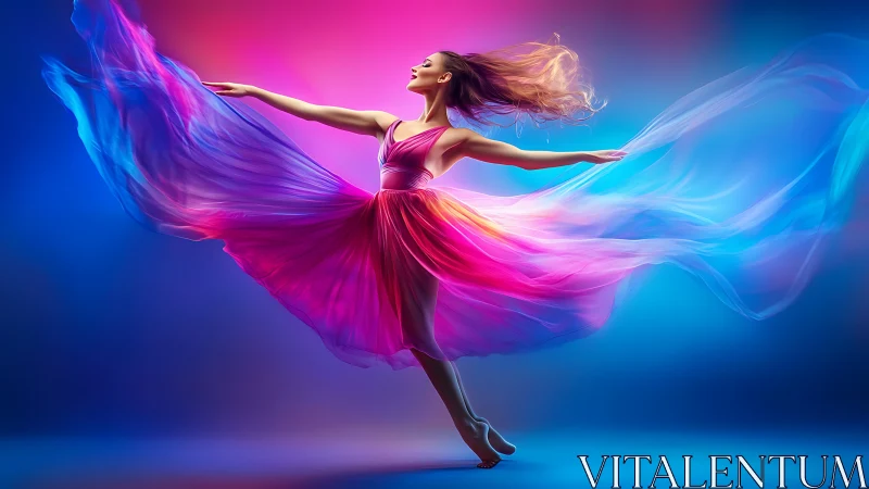 Ethereal ballet dancer spins through neon flowing colors.