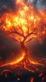 Luminous Fire Tree Emerges from Molten Ground.