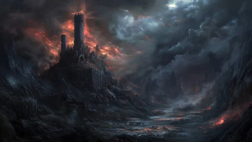Dark fortress amid volcanic wasteland, cinematic digital painting.