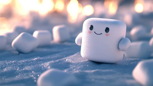 Anthropomorphic marshmallow character in crystalline snow environment.
