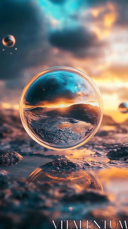 3D atmospheric sphere over reflective alien shoreline at dusk.