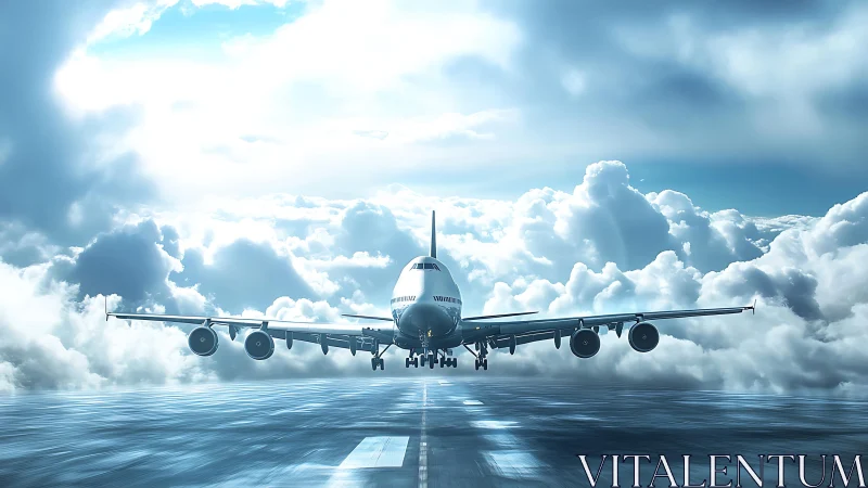 Widebody jet airliner on reflective wet runway under dense cumulus