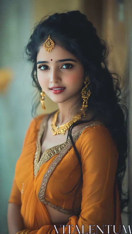 Golden sari glow and gentle smile in soft window light.