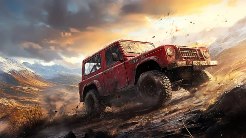 Bold red off road truck powers through wild mountain trail