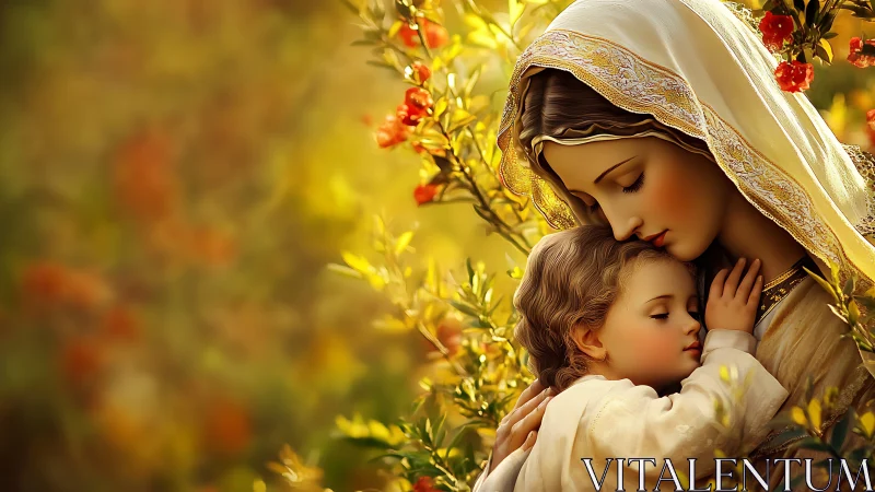 Gentle mother and child share a golden garden embrace