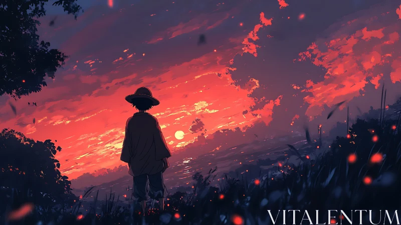 Gentle wanderer watching a glowing red sunset sky in wonder.