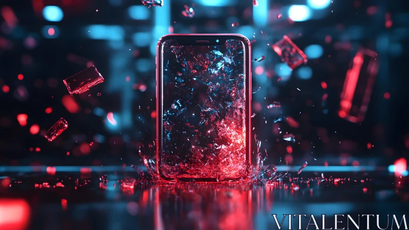 Smartphone with Shattered Glass in Futuristic Neon Lighting.