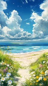 Sunlit coastal path opens onto tranquil blue ocean horizon.