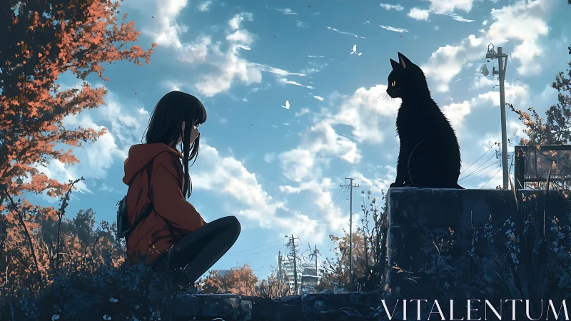 Girl facing black cat outdoors under bright blue sky.